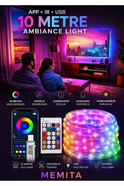 m memita 10 Metre Bluetooth RGB LED Şerit Su Geçirmez Sese Duyarlı Uygulama v...