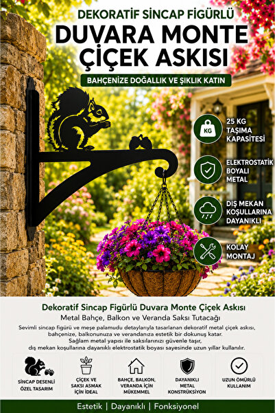 Saklı Home Dekoratif Sincap Figürlü Metal Duvara Monte Çiçek Askısı | Bahçe, ...