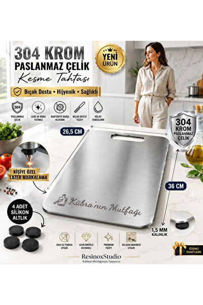 Resinoxstudio Paslanmaz Çelik Kesme Tahtası 26.5x36 cm + Silikon Kaymaz Ayakl...