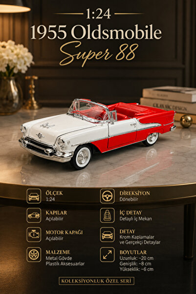 craftivio 1:24 Scale 1955 Oldsmobile Super 88 Red White Classic Metal Model C...