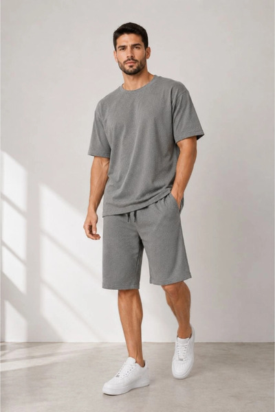 Asmedo Men's two-piece set: double-knit crew neck t-shirt and knee-length sho...