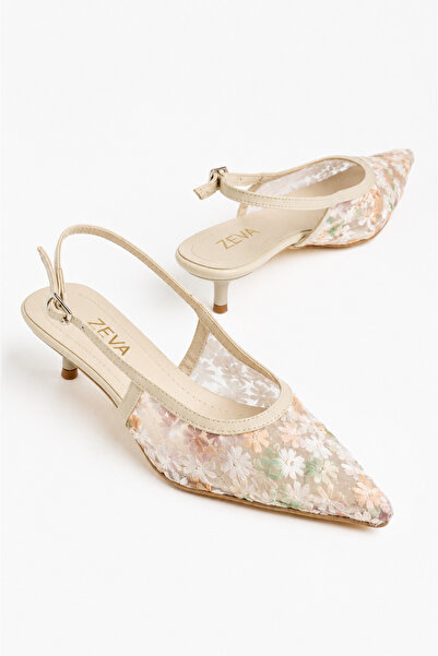 ZEVA COLLECTION ZEVA Kadın Çiçek Desenli Tül İşlemeli Sivri Burun Slingback K...