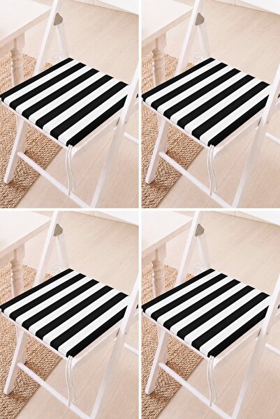 Home Set of 4 Black and White Striped Lace-Up Chair Cushions