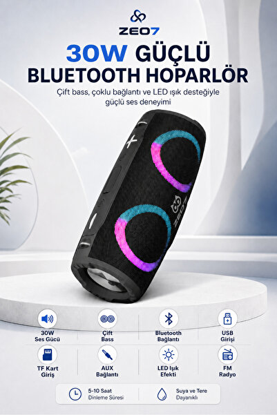 Zeo7 30W Çift Bass Bluetooth Hoparlör, USB/TF Kart/AUX Girişli, LED Işıklı, T...