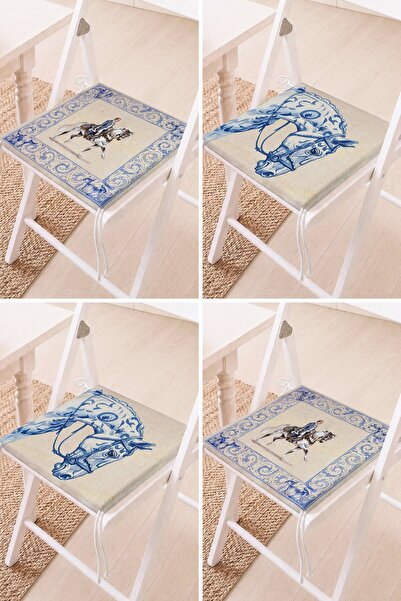 Home Set of 4 Blue Tile Patterned and Horse Figured Lace-Up Chair Cushions
