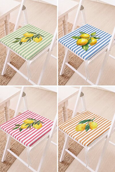 Home Set of 4 Striped Lemon Patterned Lace-Up Chair Cushions on the Floor Kit...