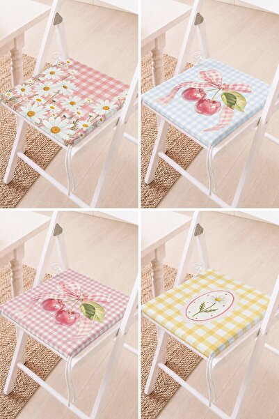 Home Set of 4 Daisy and Cherry Patterned Pastel Plaid Lace-Up Chair Cushions ...