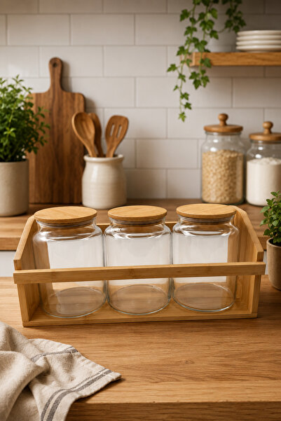Fhilli Chilli - Set of 3 Glass Jars with Bamboo Lids and Wooden Stand Kitchen...
