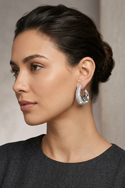 PETEK AKSESUAR Shining Stone Evening Dress Ellipsse Hoop Earrings 3 Cm.