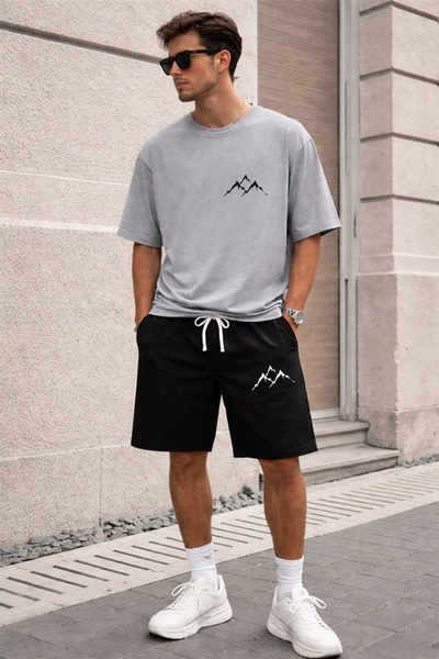 x-compass life Unisex Oversize Mountain Patterned Shorts Set – Minimal Street...