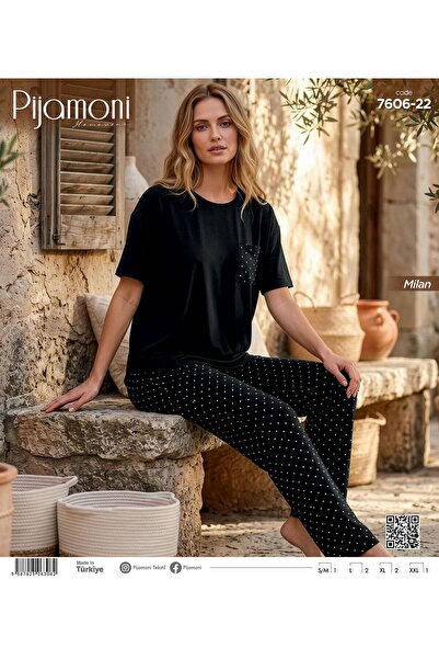 Pijamoni Bambu Milan Kumaş Siyah Renkli Kısa Kollu Kadın Pijama Takımı