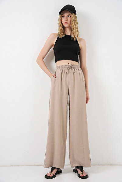 Merterium Women's High Waist Wide Leg Pants 1527 - Beige