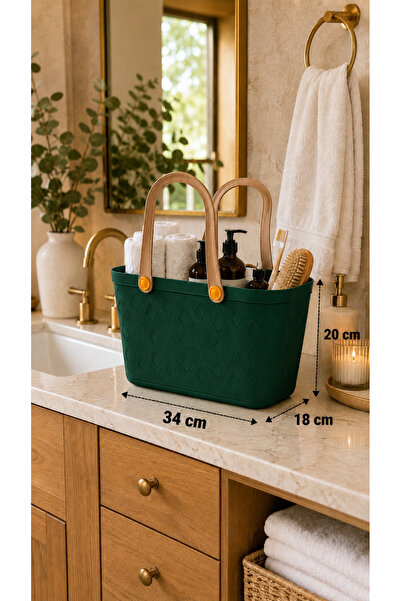 İndecor Houseware Deri Görünümlü Çok Amaçlı Kulplu Plastik Organizer Sepet Deniz Çantası Plaj Çantası, Piknik Sepeti, Dekoratif Sepet