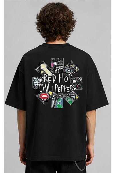 OPPPSSS تي شيرت Red Hot Chili Peppers أسود كبير الحجم مطبوع من الأمام والخلف تي شيرت أسود مطبوع عليه فانك روك