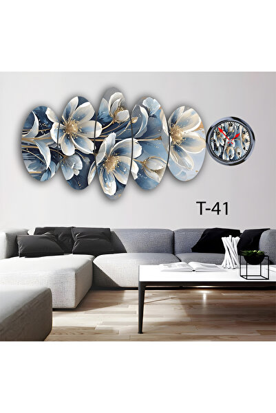 BellaaaModa ÇİÇEK TEMALI Dekoratif Desenli Mdf Tablo 5 Parça Set ve Saatli Ta...