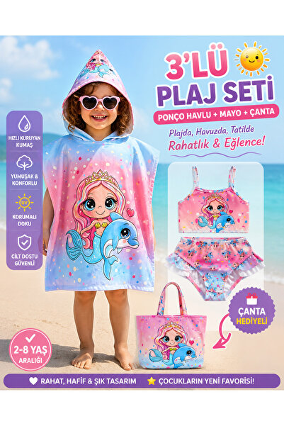 melek Kız Çocuk 3’lü Plaj Seti Çantalı Bikini Takımı ve Kapüşonlu Panço Havlu...