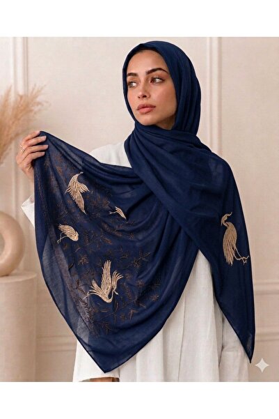 Veil Designer Origami Hijab in Navy Blue, Japanese Fabric with Different Embr...
