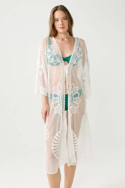 C&City Floral Embroidered Tie-Front Long Beach Dress White