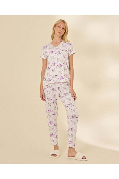 REDTAG Women's White Lace Trim V-Neck Printed Pajama Set