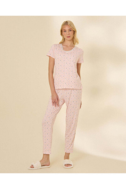 REDTAG Women's Pink Lace Trim V-Neck Printed Pajama Set