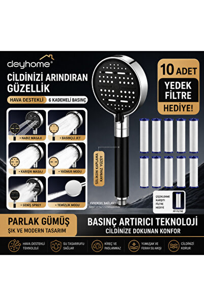 DEYHOME 6 Kademeli Basınç Artırıcı Filtreli Duş Başlığı Slikon Tutamaçlı PP F...