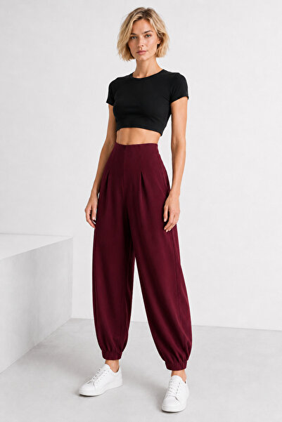 FEVİLLE Pantaloni Shalwar tip balon din țesătură crep elastică, culoare burgu...