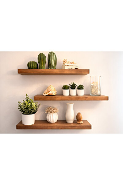 AHŞAP ÖTESİ 3’lü Doğal Ahşap Duvar Rafı 50x14 & 70x14 cm Gizli Askı Sistemli ...