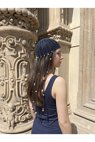 HÜMANATURAL Navy Blue Women's Hand Knitted Beaded Head Accessory Bohemian Ban...