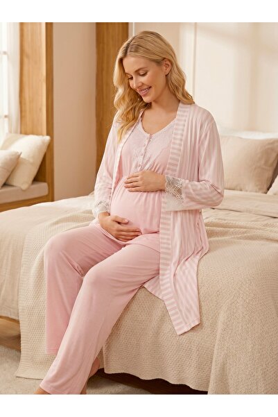 Lohusa Homewear New Season Pink Summer Striped Lace Detailed Design Buttoned ...
