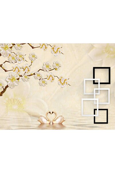 Persona Tablou Canvas, Flori Albe Cu Lebede Si Patrate 3D- 100 X 70 cm