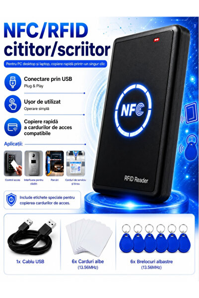 Excitat Kit de copiator si cititor RFID, Excitat®, suport etichete NFC, cu 6 ...