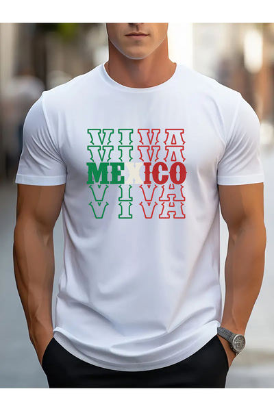 LİNA06 قميص رجالي مطبوع بتصميم VIVA MEXICO - ياقة دائرية، أكمام قصيرة، قميص ص...