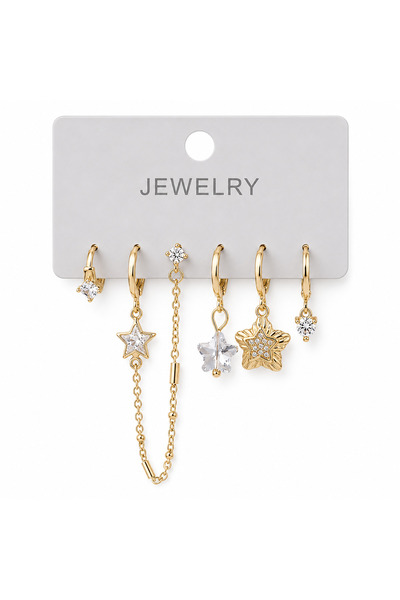 AXXION 6-Piece Vip Gold Color Steel Earrings Set Star Figured Zircon Stone Wo...