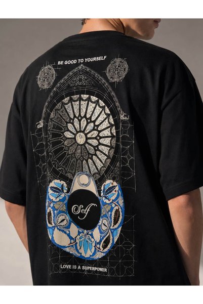 CANMODA Tricou unisex negru supradimensionat cu imprimeu gotic pe spate, cu model de fereastră și țiglă
