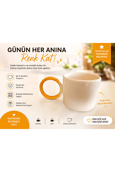Keramika Turuncu Halkalı Kulplu Seramik Kupa Bardak 184 ml – Çay, Kahve ve Sı...