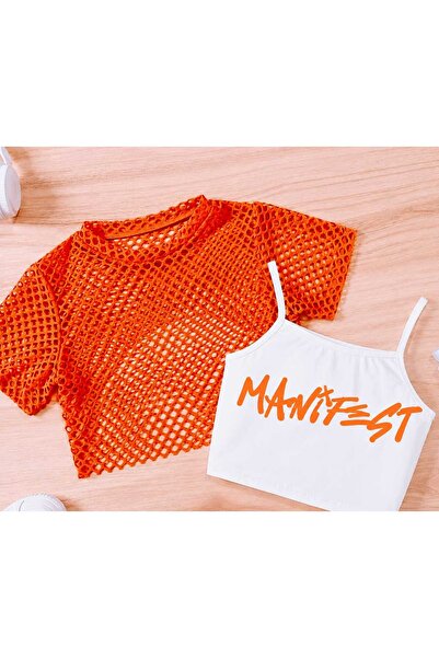 BEBEĞİME ÇORAP Crop Printed Body T-Shirt with Mesh Detail on Top