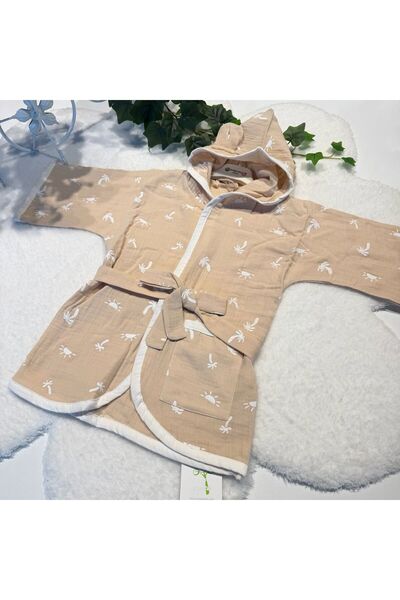 andywawa Unisex Children's Muslin Bathrobe - 100% Natural Cotton - Beige