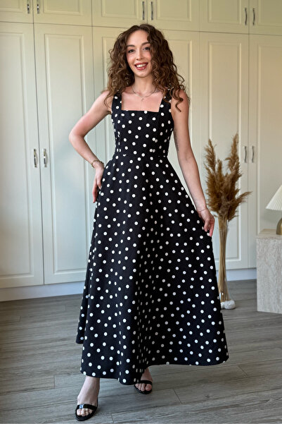 Dilay Gökoğlu Butik Μίντι φόρεμα από ύφασμα ποπλίνα με τετράγωνο γιακά, μαύρο...
