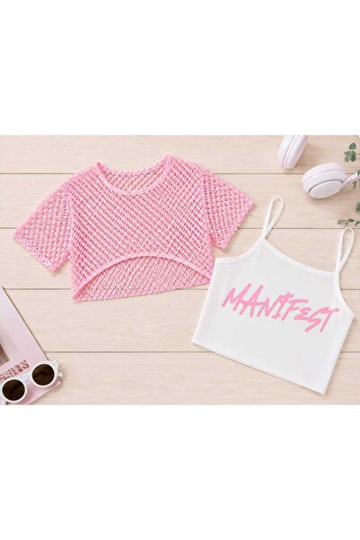 BEBEĞİME ÇORAP Crop Printed Body T-Shirt with Mesh Detail on Top