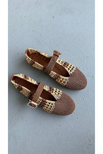 Eataly Shoes Sole Wicker Textured Ballerina Flats Light Brown Beige