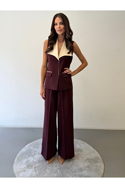 ossons Garnili Wide Collar Contrast Detailed Vest and Trousers Set - (Plum, C...