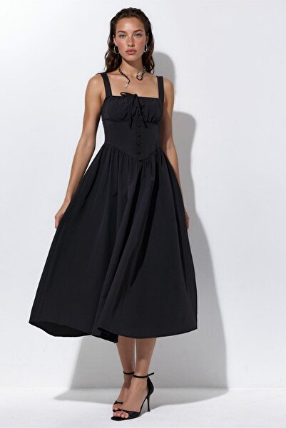 Hiccup Busem Buttoned Square Neck Midi Dress
