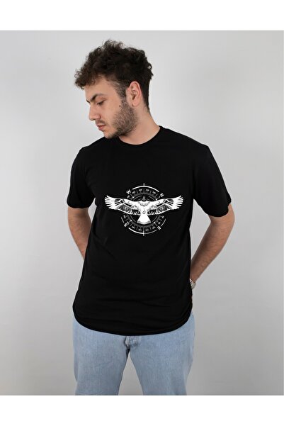 Krays Unisex Eagle Bird Compass Printed Black White T-Shirt 100% Cotton Regul...