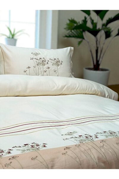 BAŞ TASARIM Puff Flower Embroidered Two-Tone Double Duvet Cover Set