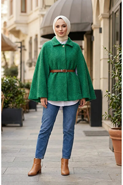 sefamerve Bouquet Fabric Belted Winter Poncho 2233-05 Green