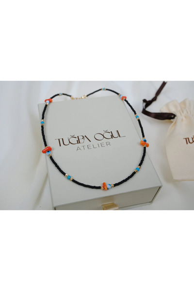 ATELİER TUĞBA Kol394 Black Cord Colorful Bead Detailed Summer Necklace