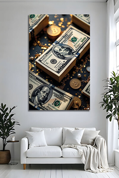 Parıltı Yayınları Lüks Gold Dolar ve Bitcoin Cam Tablo Modern Ofis Ev Duvar D...