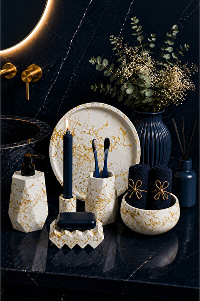 betonmall Marble Patterned Concrete 6 Piece Bathroom Set Liquid Soap Dispense...