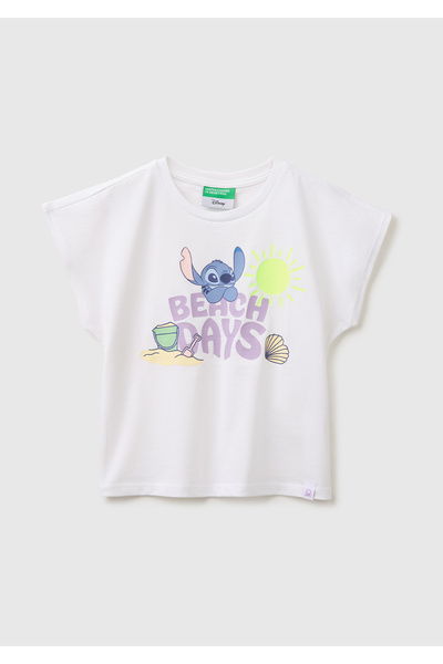 United Colors of Benetton تي شيرت أبيض للفتيات بطباعة ليلو وستيتش وياقة دائرية