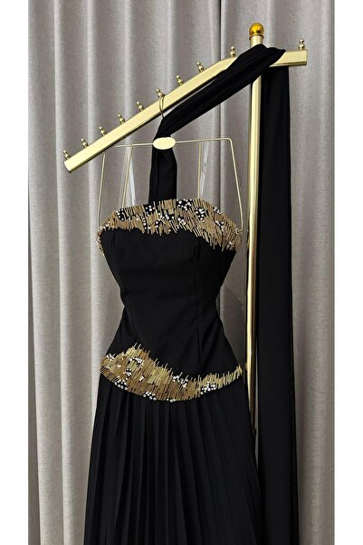 REVE Elegant Black Dress with Gold Accents, Transparent Cape, and a Luxurious...